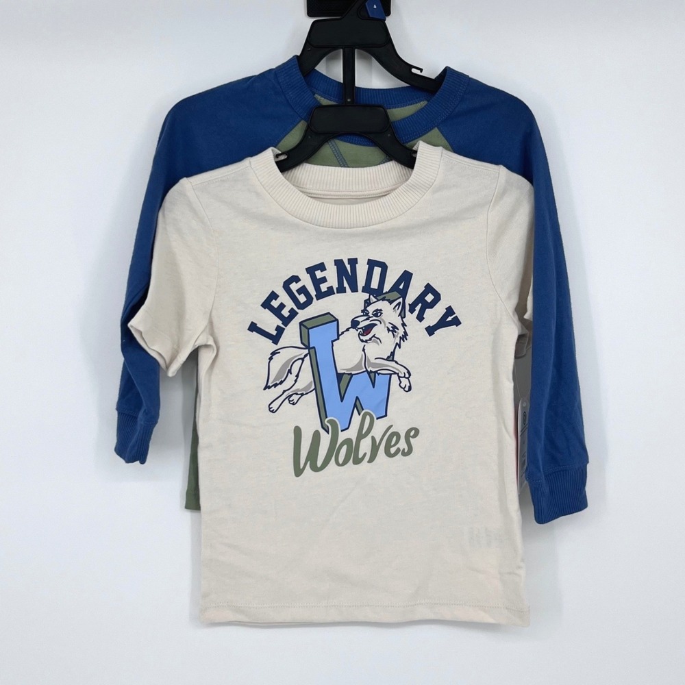 2PK Wonder Nation T-Shirt Set Kids Size 4 Cream Green Blue Wolf Graphic Raglan